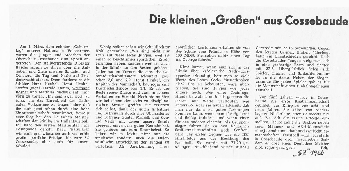 Sächsische Zeitung Artikel von 1966 - Faustball Cossebaude